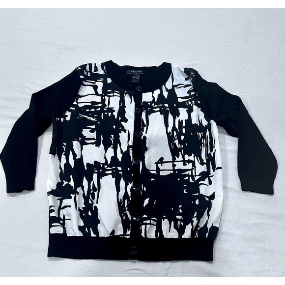 C'est City Sweaters - C'est City August Silk Abstract Black & White Cardigan Silk Blend 3/4 Sleeve Med